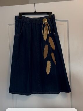 Western Vintage Navy Denim Midi Skirt with Tan Feather Details